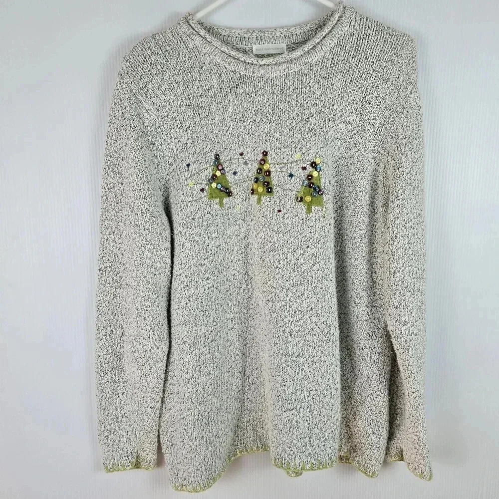 CJ Banks Cream and Black Knit Christmas Pullover Long Sleeve Sweater Size 1X